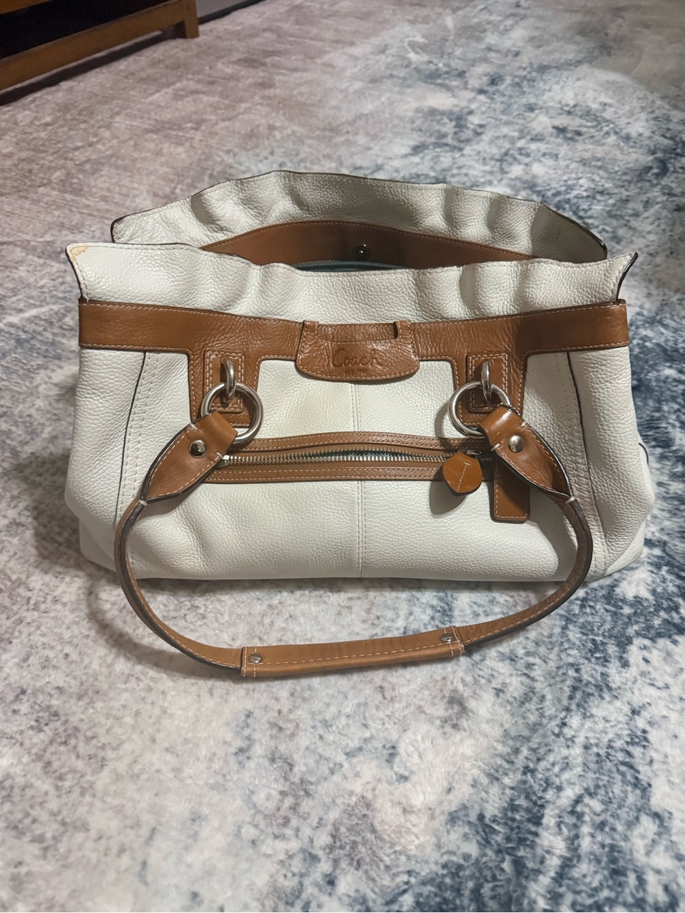 Coach White Pebbled Leather Satchel with Tan Trim